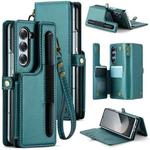 For Samsung Galaxy Z Fold6 5G CaseMe C22 PC+TPU Business Style RFID Anti-theft Lanyard Leather Phone Case with Pen Slot(Blue Green)