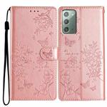 For Samsung Galaxy Note20 Butterflies and Flowers Leather Phone Case(Rose Gold)