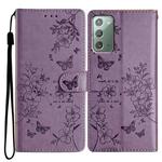 For Samsung Galaxy Note20 Butterflies and Flowers Leather Phone Case(Purple)