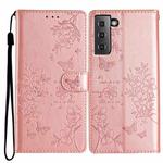 For Samsung Galaxy S21 5G Butterflies and Flowers Leather Phone Case(Rose Gold)