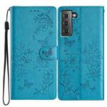 For Samsung Galaxy S21 5G Butterflies and Flowers Leather Phone Case(Blue)