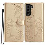For Samsung Galaxy S21 FE 5G Butterflies and Flowers Leather Phone Case(Gold)
