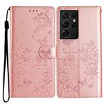 For Samsung Galaxy S21 Ultra 5G Butterflies and Flowers Leather Phone Case(Rose Gold)