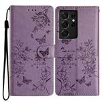 For Samsung Galaxy S21 Ultra 5G Butterflies and Flowers Leather Phone Case(Purple)