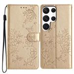 For Samsung Galaxy S22 Ultra 5G Butterflies and Flowers Leather Phone Case(Gold)