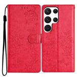 For Samsung Galaxy S22 Ultra 5G Butterflies and Flowers Leather Phone Case(Red)