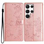 For Samsung Galaxy S22 Ultra 5G Butterflies and Flowers Leather Phone Case(Rose Gold)