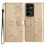 For Samsung Galaxy S23 Ultra 5G Butterflies and Flowers Leather Phone Case(Gold)