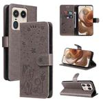 For Motorola Edge 50 Ultra Cat and Bee Embossed Flip Leather Phone Case(Grey)