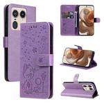 For Motorola Edge 50 Ultra Cat and Bee Embossed Flip Leather Phone Case(Purple)