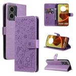 For Motorola Moto G85 Cat and Bee Embossed Flip Leather Phone Case(Purple)