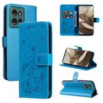 For Motorola Edge 50 5G Cat and Bee Embossed Flip Leather Phone Case(Blue)