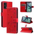 For Motorola Moto G35 Cat and Bee Embossed Flip Leather Phone Case(Red)