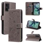 For Motorola Moto G35 Cat and Bee Embossed Flip Leather Phone Case(Grey)
