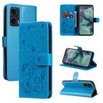 For Motorola Moto G35 Cat and Bee Embossed Flip Leather Phone Case(Blue)