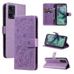 For Motorola Moto G35 Cat and Bee Embossed Flip Leather Phone Case(Purple)