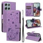 For Motorola Moto G56 5G Cat and Bee Embossed Flip Leather Phone Case(Purple)