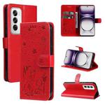 For OPPO Reno12 5G Global Cat and Bee Embossed Flip Leather Phone Case(Red)