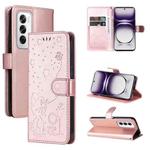 For OPPO Reno12 5G Global Cat and Bee Embossed Flip Leather Phone Case(Rose Gold)