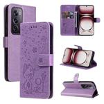 For OPPO Reno12 Pro 5G Global Cat and Bee Embossed Flip Leather Phone Case(Purple)