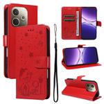 For OPPO A5 Pro 5G Global Cat and Bee Embossed Flip Leather Phone Case(Red)