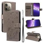 For OPPO A5 Pro 5G Global Cat and Bee Embossed Flip Leather Phone Case(Grey)