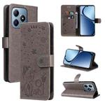 For Realme C63 / C61 Global Cat and Bee Embossed Flip Leather Phone Case(Grey)