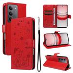 For Realme 14x 5G Global Cat and Bee Embossed Flip Leather Phone Case(Red)