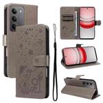 For Realme 14x 5G Global Cat and Bee Embossed Flip Leather Phone Case(Grey)