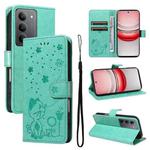 For Realme 14x 5G Global Cat and Bee Embossed Flip Leather Phone Case(Green)