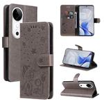 For vivo V40 5G Cat and Bee Embossed Flip Leather Phone Case(Grey)