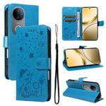 For vivo V50 5G Global Cat and Bee Embossed Flip Leather Phone Case(Blue)