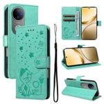 For vivo V50 5G Global Cat and Bee Embossed Flip Leather Phone Case(Green)
