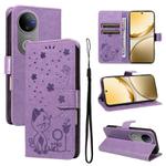 For vivo V50 5G Global Cat and Bee Embossed Flip Leather Phone Case(Purple)