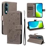 For vivo Y29S 5G / Y04 Cat and Bee Embossed Flip Leather Phone Case(Grey)