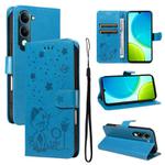 For vivo Y29S 5G / Y04 Cat and Bee Embossed Flip Leather Phone Case(Blue)