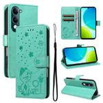 For vivo Y29S 5G / Y04 Cat and Bee Embossed Flip Leather Phone Case(Green)