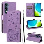 For vivo Y29S 5G / Y04 Cat and Bee Embossed Flip Leather Phone Case(Purple)