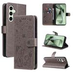 For Samsung Galaxy S24 FE 5G Cat and Bee Embossed Flip Leather Phone Case(Grey)