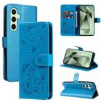 For Samsung Galaxy S24 FE 5G Cat and Bee Embossed Flip Leather Phone Case(Blue)