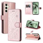 For Samsung Galaxy S24 FE 5G Cat and Bee Embossed Flip Leather Phone Case(Rose Gold)