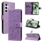 For Samsung Galaxy S24 FE 5G Cat and Bee Embossed Flip Leather Phone Case(Purple)