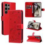 For Samsung Galaxy S25 Ultra 5G Cat and Bee Embossed Flip Leather Phone Case(Red)