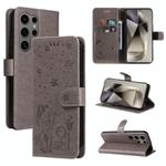 For Samsung Galaxy S25 Ultra 5G Cat and Bee Embossed Flip Leather Phone Case(Grey)