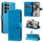 For Samsung Galaxy S25 Ultra 5G Cat and Bee Embossed Flip Leather Phone Case(Blue)