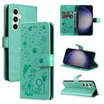 For Samsung Galaxy S25 / S24 5G Cat and Bee Embossed Flip Leather Phone Case(Green)