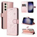For Samsung Galaxy S25 / S24 5G Cat and Bee Embossed Flip Leather Phone Case(Rose Gold)