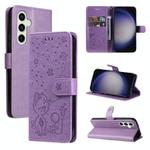 For Samsung Galaxy S25+ / S24+ 5G Cat and Bee Embossed Flip Leather Phone Case(Purple)