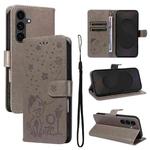 For Samsung Galaxy S25 FE 5G Cat and Bee Embossed Flip Leather Phone Case(Grey)