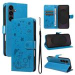 For Samsung Galaxy S25 FE 5G Cat and Bee Embossed Flip Leather Phone Case(Blue)